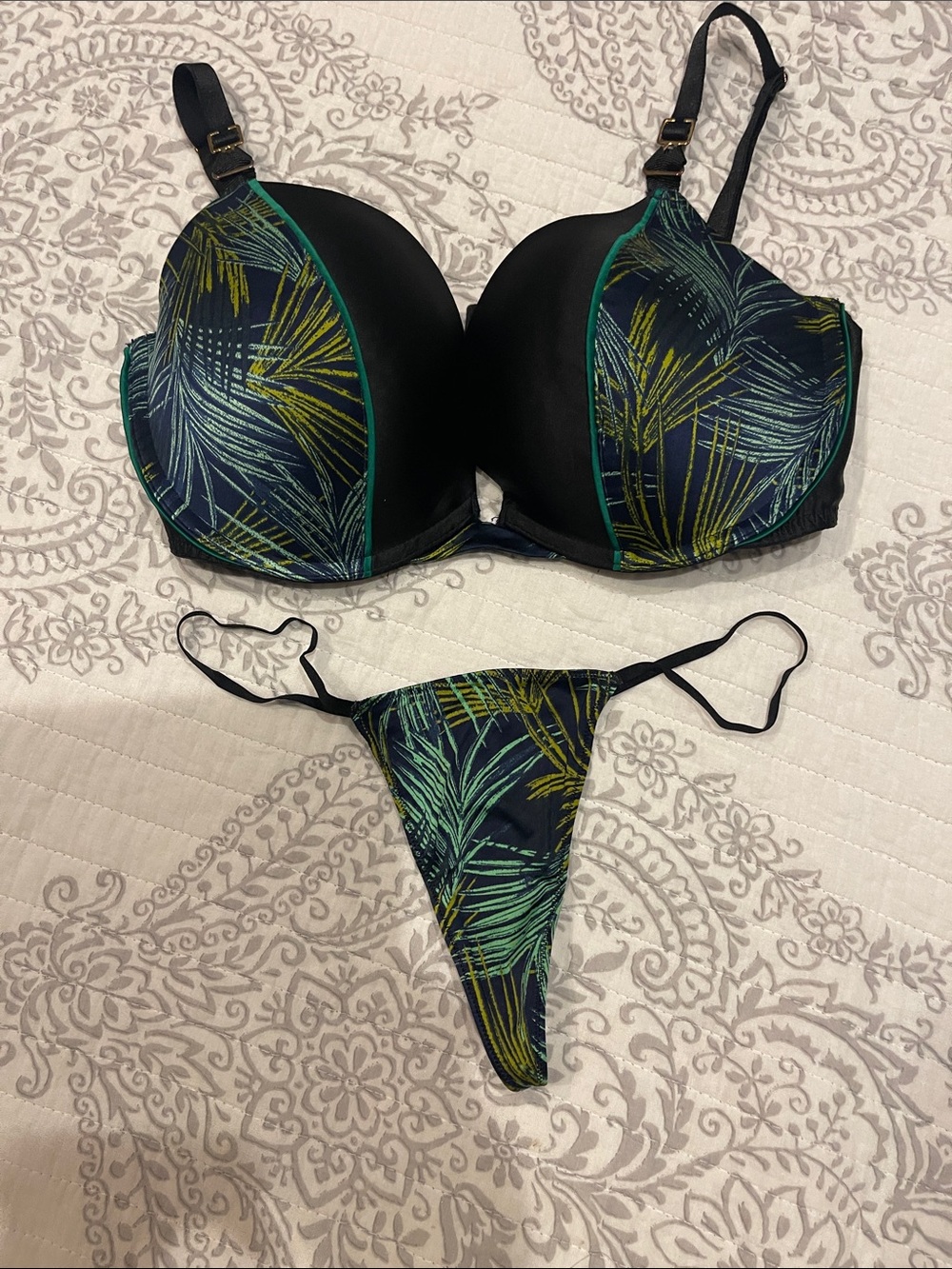 Victoria Secret Woman Black Bikini Set with Green Palm Print